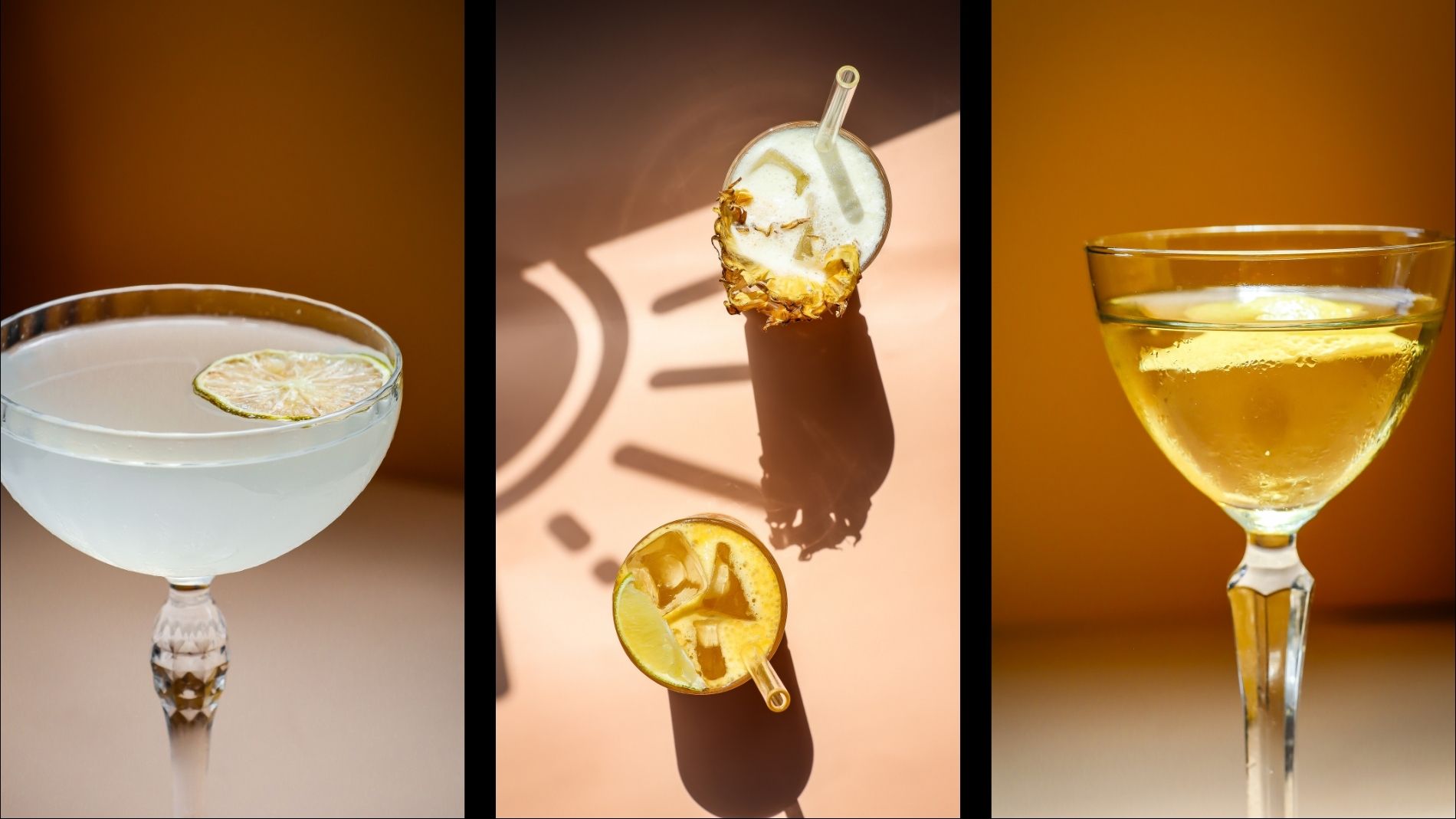 Montage de trois cocktails au soleil